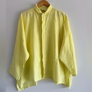 PLA Net Yellow Linen Blouse One Size Oversized Boxy Top Minimalist Summer Shirt